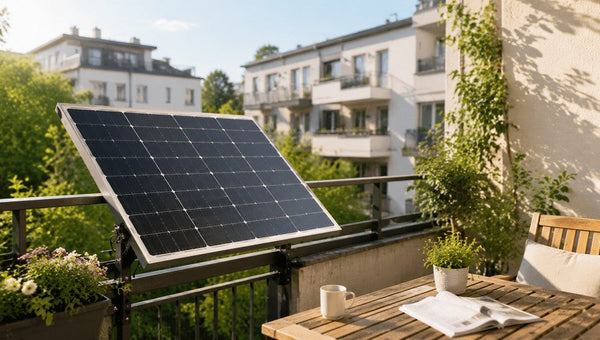 Solarmodul am Balkongeländer mit Blick auf Wohngebäude