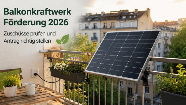Solarmodul am Balkon mit Hinweis zur Förderung 2026