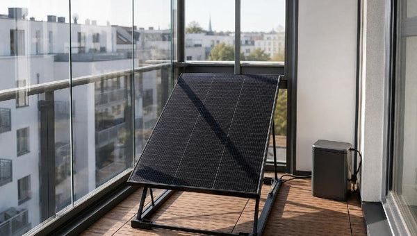 Balkonkraftwerk auf Bodenhalterung im geschlossenen Glasbalkon