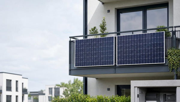 Balkonkraftwerk an modernem Wohngebäude mit zwei Solarmodulen