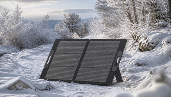 BLUETTI 100 W Solarpanel auf schneebedecktem Bergweg