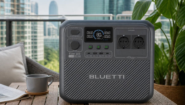 BLUETTI Elite 200 V2 auf modernem Balkon mit Skyline