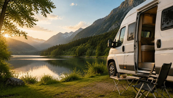 Wohnmobil am See mit Campingstühlen bei Sonnenuntergang