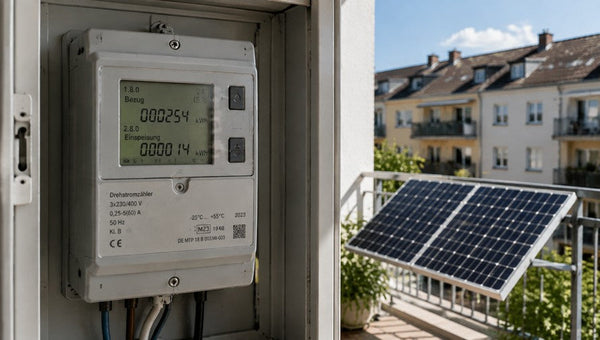 Digitaler Stromzähler mit Balkonmodulen im Hintergrund