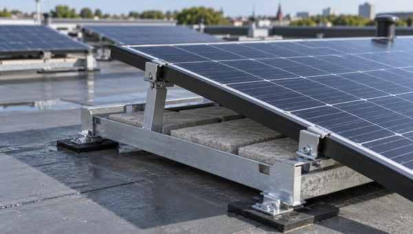 Solarmodule auf ballastierten Halterungen eines deutschen Flachdachs
