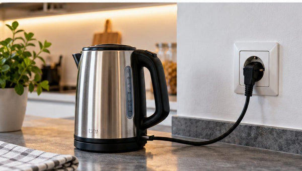 Wasserkocher neben einer deutschen 230-V-Steckdose mit Schuko-Stecker