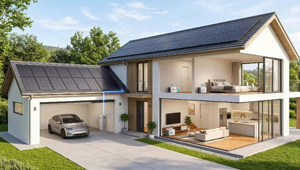 Hausdach mit Solarmodulen und verteilten Stromspeichern