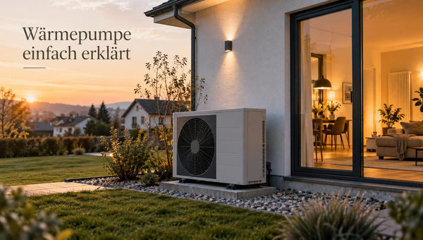 Wärmepumpe an modernem Wohnhaus bei Sonnenuntergang