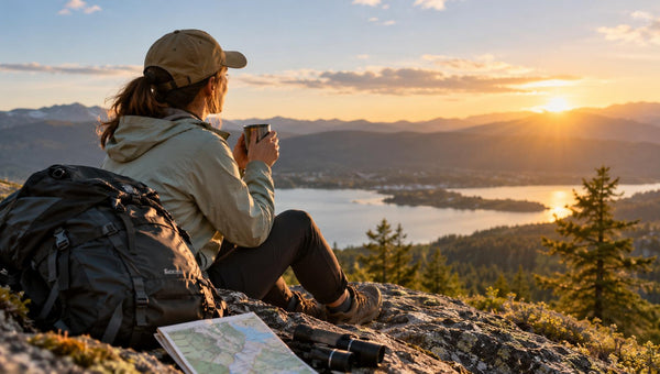 Wanderausrüstung mit Karte in sonniger Berglandschaft