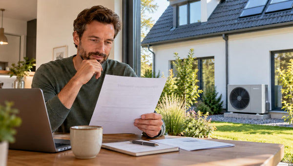 Mann vergleicht Wärmepumpen-Stromtarif im modernen Zuhause