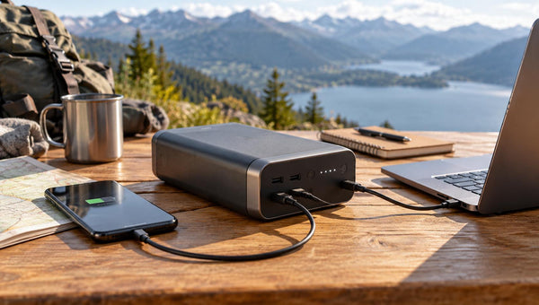 Große Powerbank lädt Smartphone und Laptop beim Camping