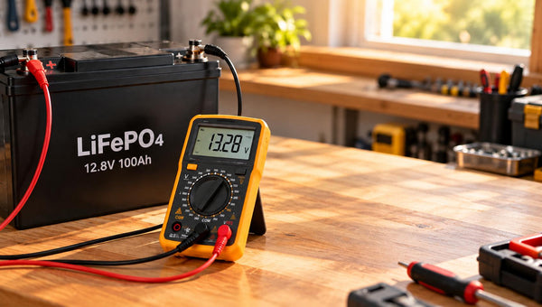 LiFePO4-Batterie mit Multimeter zur Spannungsmessung auf einer Werkbank