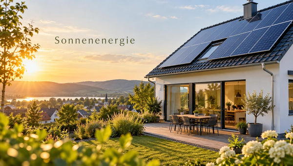 Solaranlage auf Wohnhaus bei Sonnenuntergang