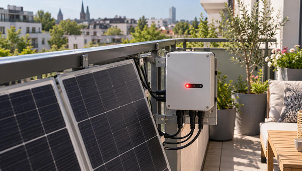 Wechselrichter blinkt rot neben Solarmodulen auf einem Balkon