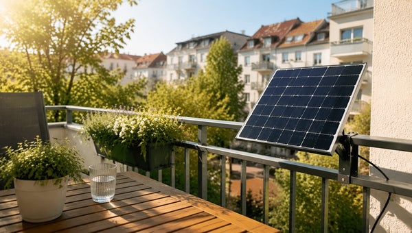 Solarmodul am Balkongeländer einer sonnigen Stadtwohnung