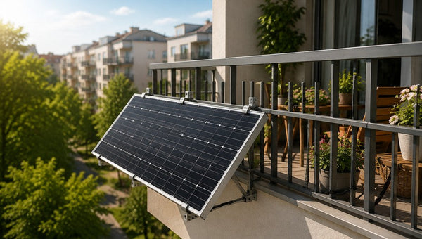 Solarmodul am Balkongeländer vor Stadthäusern