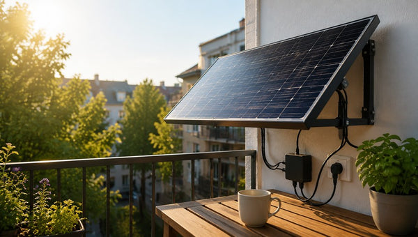 Solarmodul an der Balkonwand mit Steckdosenanschluss