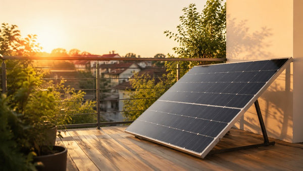 Solarmodul auf einer Holzterrasse bei Sonnenuntergang