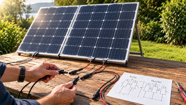 Zwei Solarpanels mit Reihe- und Parallelschaltung verbinden