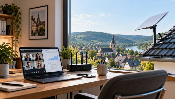 Starlink-Antenne auf Hausdach mit Homeoffice-Arbeitsplatz