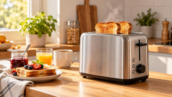 Edelstahl-Toaster mit frisch geröstetem Toast auf dem Frühstückstisch