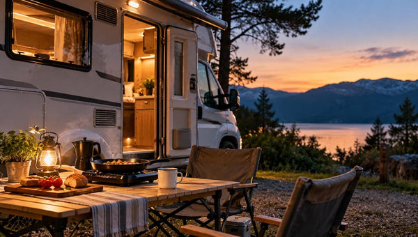 Wohnmobil mit beleuchtetem Innenraum und Campingküche am See
