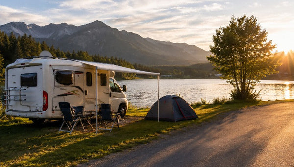 Camping am See mit Wohnmobil und Zelt