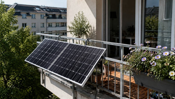 Zwei Solarmodule am Balkongeländer in der Sonne